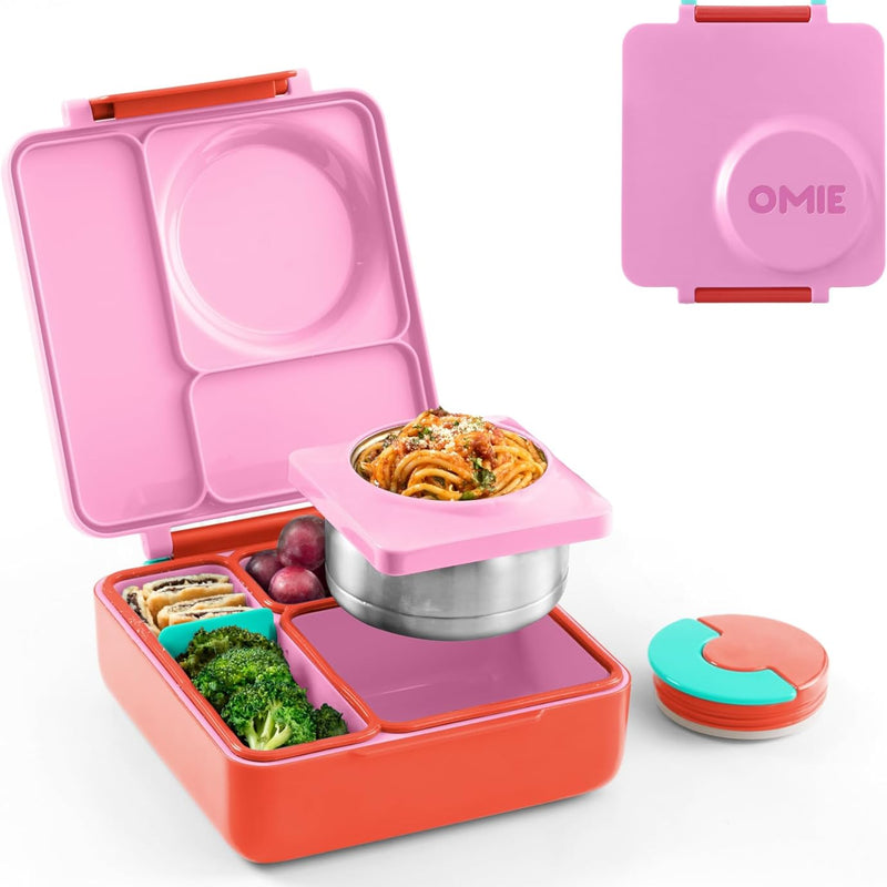 OmieBox Bento Box for Kids - Insulated Bento Lunch Box with Leak Proof Vacuum Insulated Food Jar - 3 Compartments, Two Temperature Zones (Pink Berry)