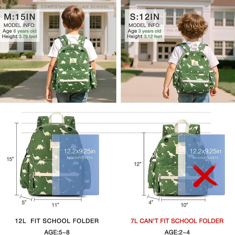 STEAMEDBUN Corduroy Toddler Backpack for Boys 2-4: Kids backpack for Boys Girls - 12 inch Preschool Kindergarten Backpacks - Dinosaur