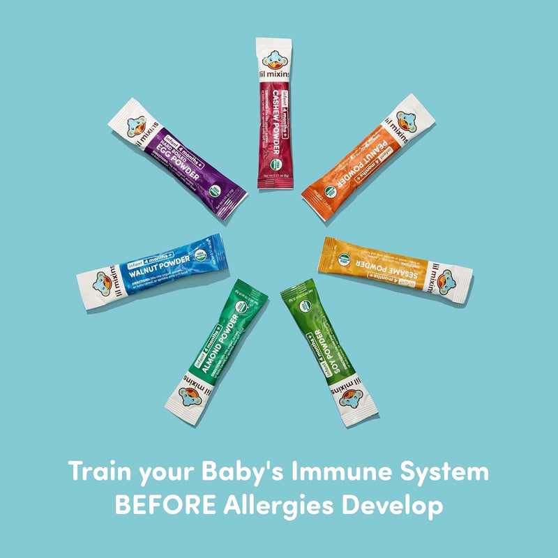 Lil Mixins Allergen Introduction Daily Mix for Babies, Top 7 Allergens | 7 Common Allergens: Peanut, Egg, Cashew, Walnut, Almond, Soy, Sesame, Easy-Mix Powder for Babies 4-12 Months, 1-Month Supply