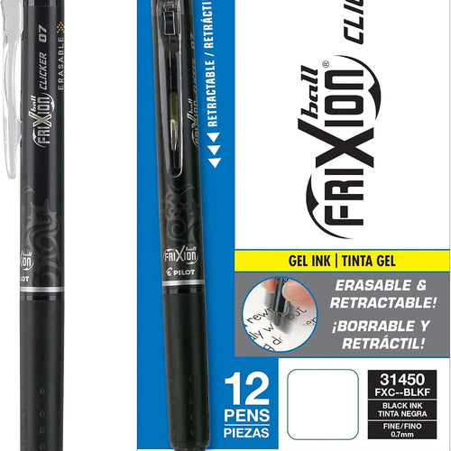 Pilot, FriXion Clicker Erasable Gel Pens, Fine Point Pens 0.7 mm, Pack of 12, Black