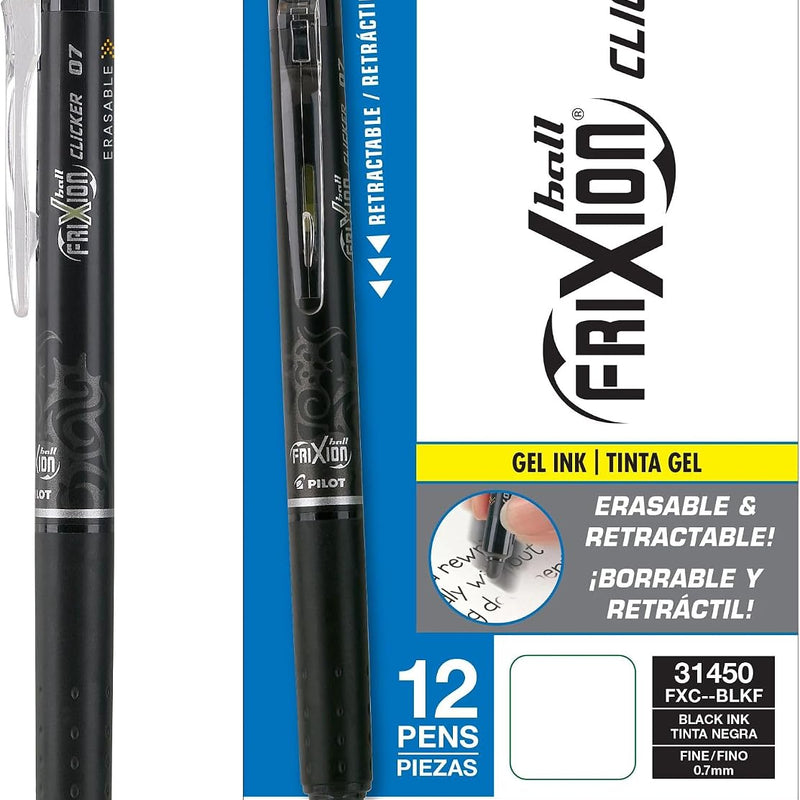Pilot, FriXion Clicker Erasable Gel Pens, Fine Point Pens 0.7 mm, Pack of 12, Black