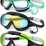 3 Pack Swimming Goggles, Kid Goggles with Earplugs Large Frame Anti-Fog/UV Wide View Swim Goggles Boys Girls 6-14