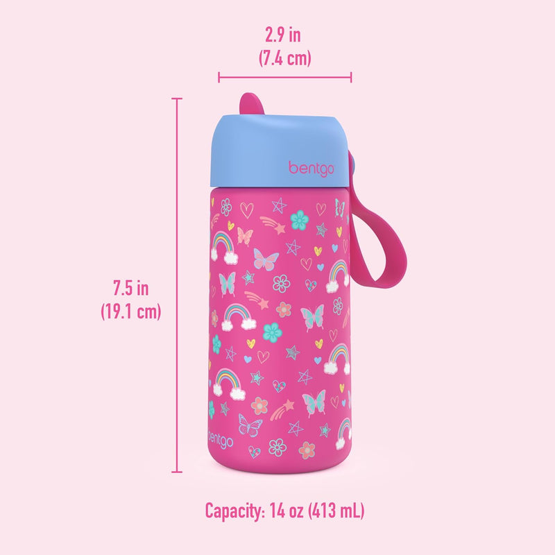 Bentgo Kids Stainless Steel Water Bottle, Leak-Proof, 14 oz, Bite & Sip | Vacuum Insulated, 18/8 Stainless Steel, 12-Hour Cold, Dishwasher Safe, BPA-Free (Rainbows & Butterflies)