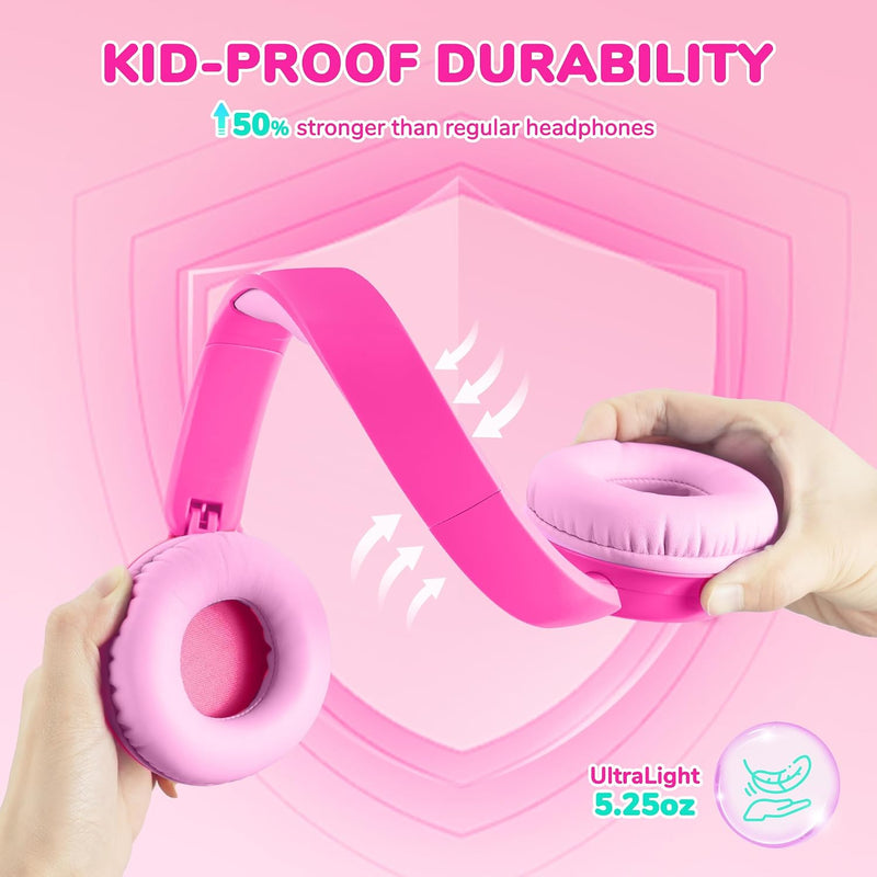 iClever BTH22 Kids Bluetooth Headphones, 60H Play Time, 74/85 dBA Safe Volume, Bluetooth 5.4, USB C, Over Ear Kids Headphones Wireless with Mic AUX Cord for iPad/Tablet/Travel/School (Bright Pink)
