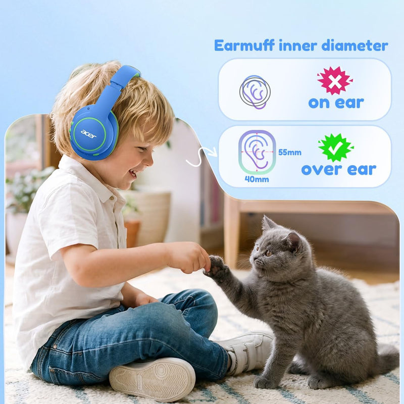 Acer OHR702 Kids Bluetooth Headphones for School with Built-in Mic,Over-Ear | 75H Playtime, Bluetooth 6.0, 3.5mm Jack Aux Cord, 85dBA Safe Volume, USB-C Fast Charging, for iPad/Travel/Tablet- Blue Green