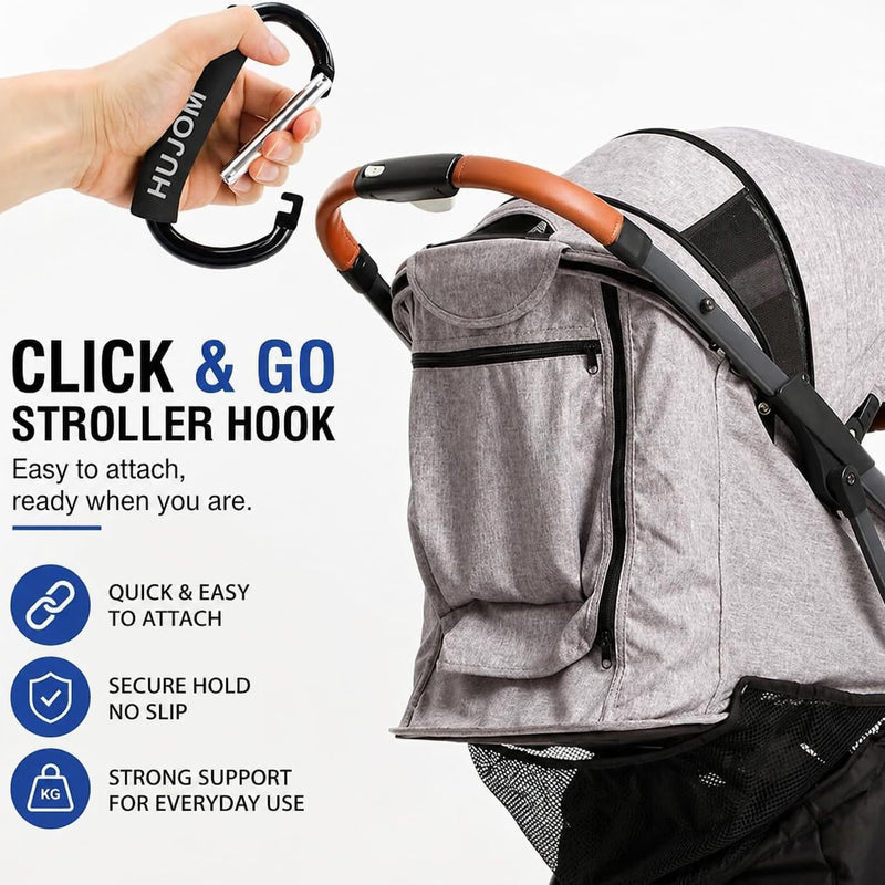 Stroller Hooks 2 Pack Heavy Duty Large Carabiner Clips for Bags & Baby Gear | Universal Fit, Hang Diaper, Purse, Grocery & Shopping Bags, Mommy Accessories, Backpack, Camping, Hiking, Travel, Moms gift