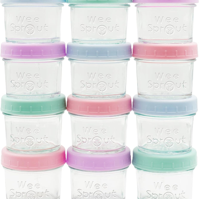 WeeSprout Glass Baby Food Storage Jars w/Lids (4 oz, 12 Pack Set) Snack, Puree, Reusable Small Containers, Breast Milk, Fridge or Freezer, Microwave & Dishwasher Safe, Essential Must Have for Infants