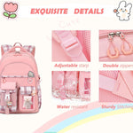 PRLINJSK Girls Backpack，Cute School Backpack for Girls Kids Teens，Kawaii Bookbag for Primary Elementary，Pink