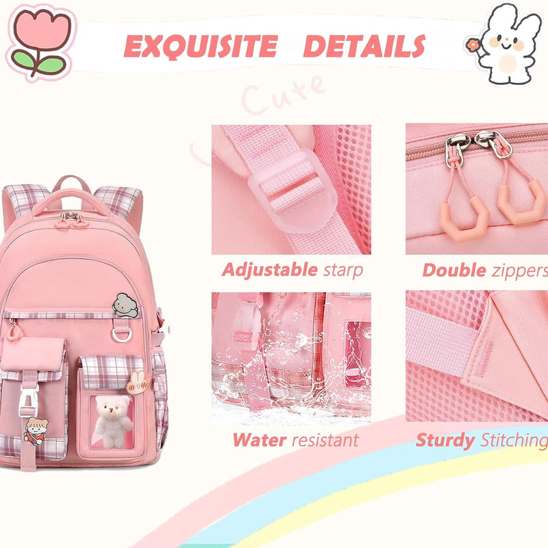PRLINJSK Girls Backpack，Cute School Backpack for Girls Kids Teens，Kawaii Bookbag for Primary Elementary，Pink