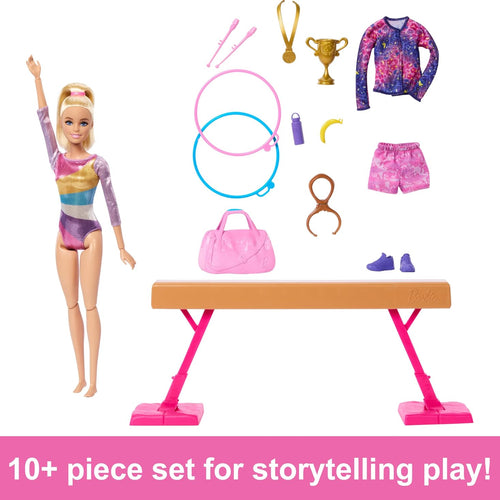 Barbie Gymnastics Doll & Accessories, Playset with Blonde Fashion Doll, C-Clip for Flipping Action, Balance Beam, Warm-Up Suit & More
