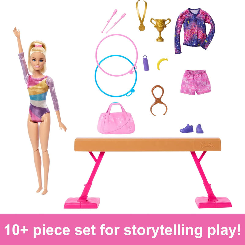 Barbie Gymnastics Doll & Accessories, Playset with Blonde Fashion Doll, C-Clip for Flipping Action, Balance Beam, Warm-Up Suit & More