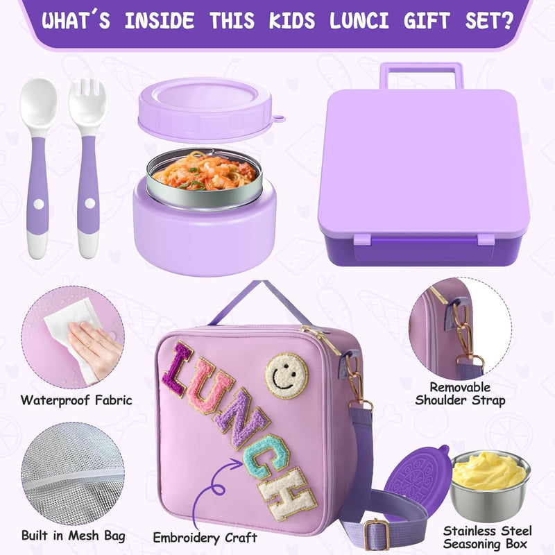 Aimsnk Lunch Box Kids, Bento Lunch Box for Kids with Thermo 8oz Food Jar, Leak Proof Hot Lunch Containers with 4 Compartment, Bento Box for Kid Toddler Insulated Lunch Bags for School (Purple)