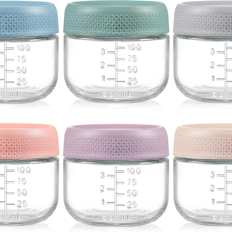 NETANY 6 Pack 4 oz Glass Baby jars with Airtight Lids, Glass Baby Food Storage Containers,Overnight Oats Containers with Lids | Microwave, Dishwasher & Freezer Safe | Includes 10 Labels