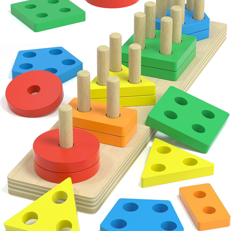 kecristv Montessori Toys for 1-3 Year Olds, Shape Sorter Wooden Toys for Toddlers, Learning Educational Sensory Stacking Toy