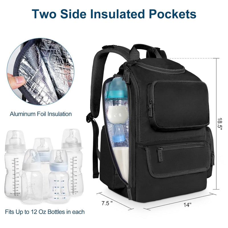 Mancro Diaper Bag Backpack, Dad Diaper Bag with 2 Side Insulated Pockets | Multifunctional Water Resistant Diaper Backpack for Men Women with Stroller Straps, Travel Baby Bag Backpack, Black