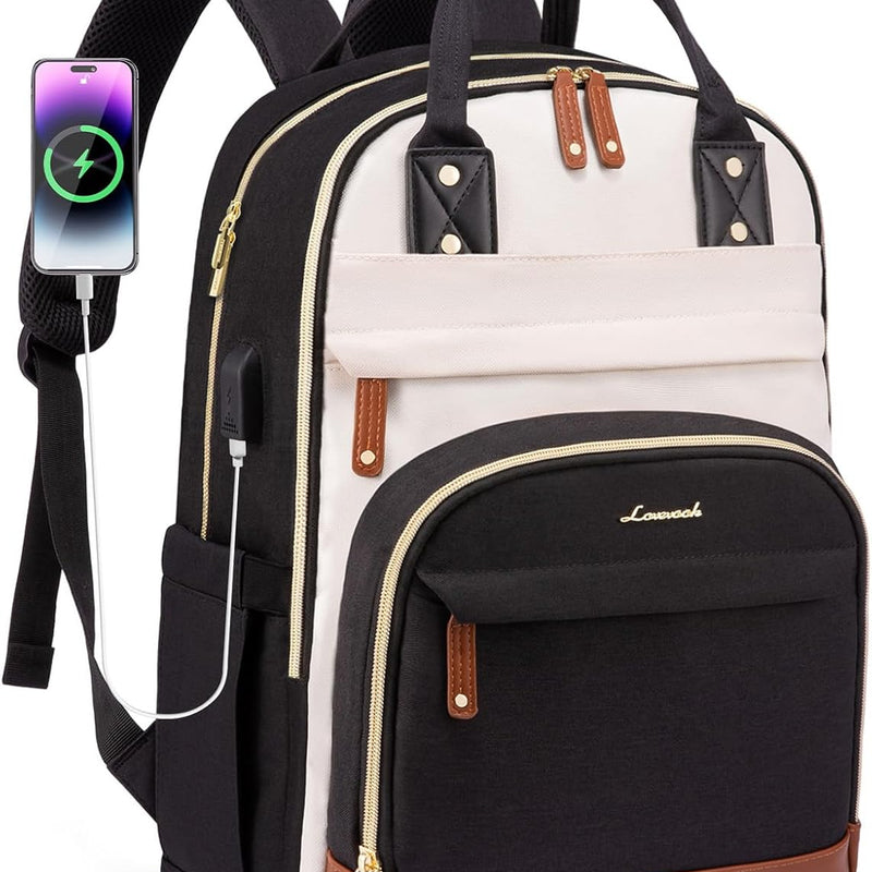 LOVEVOOK Laptop Backpack Women with Giant Tumbler Holder,15.6 inch Waterproof Work Travel Backpack Computer Laptop Bag,Cute College Nurse Teacher Backpack Purse,Gifts for Women & Men,Beige-Black-Brown