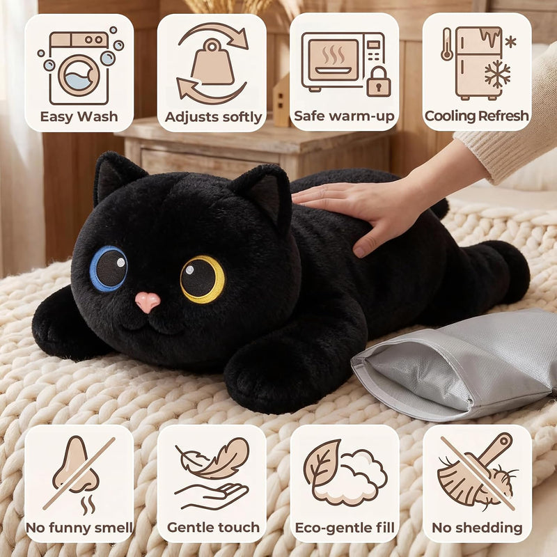 Mewaii Weighted Stuffed Animals 5 lbs Adjustable, Heated & Coolable 23 Inch Plush for Realistic Hug, Microwavable Removable Inner Pad, Cat Gifts for Adults & Kids (Black)
