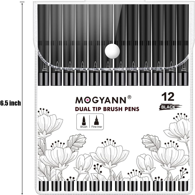 Drawing Pens, 12 Pack Dual Brush Pens Black Markers for Art Drawing Sketching