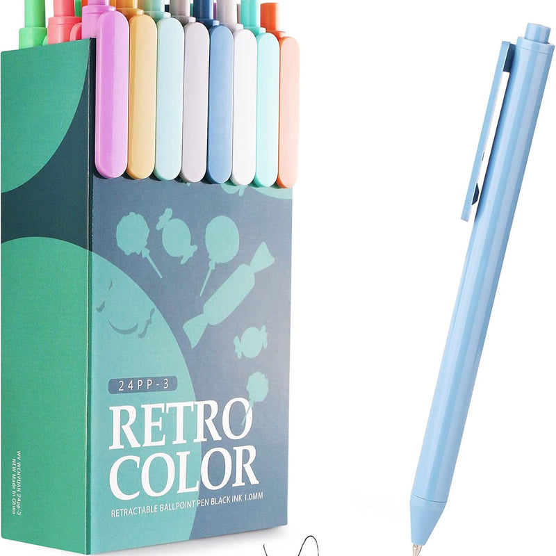 WY WENYUAN 12-Pcs Ballpoint Pens, Comfortable Writing, Pastel Retractable Pretty Journaling, Black Ink Medium Point 1.0 mm Gift, Cute Office Supplies for Women