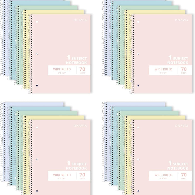 ONAVIA 1 Subject Spiral Notebook Wide Ruled 5 Pack, 140 Pages, Assorted | 70 Sheets, 7.5 x 10.5 in, 3-Hole Punched, School Notebook, Wide Ruled Paper, Study, Students