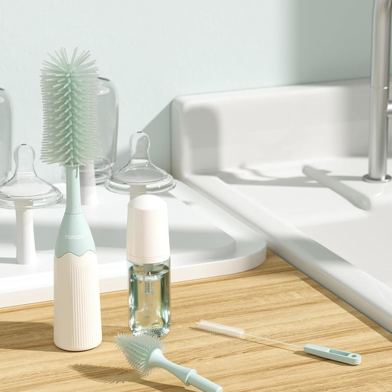 Momcozy Baby Bottle Brush Kit, Push-Press Foam Design, Green | Portable for Home & Travel, Bottle Cleaner Brush for Breast Pumps & Nipple, Newborn Essentials, Food-Grade BPA-Free