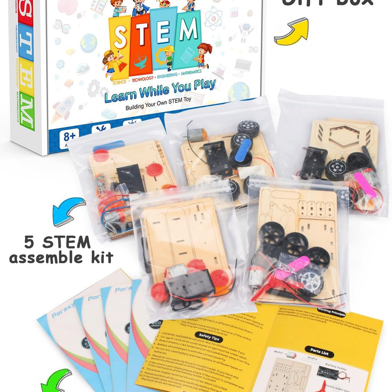 Poraxy 5-in-1 STEM Kits: Science Building Projects, Model Cars, Wooden 3D Puzzles for Kids 8-13