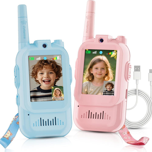 Pink-and-Blue 2-Pack Rechargeable Walkie Talkie for Kids with Video and Voice Changer, HD Camera, and Long Range