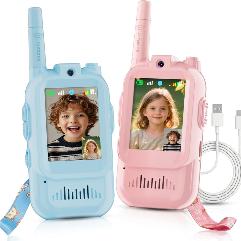 Pink-and-Blue 2-Pack Rechargeable Walkie Talkie for Kids with Video and Voice Changer, HD Camera, and Long Range