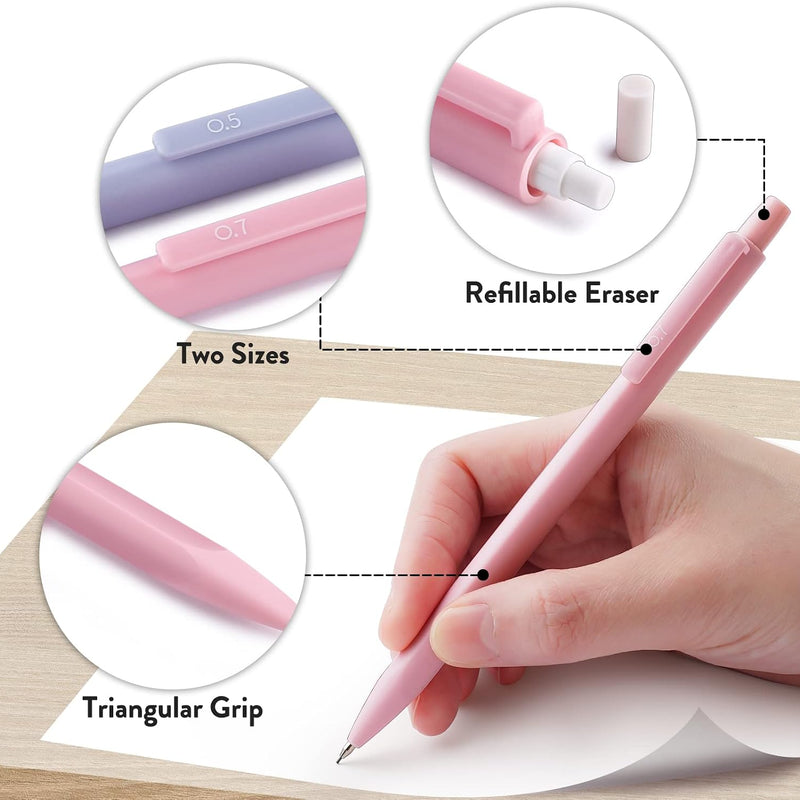 Four Candies Cute Mechanical Pencil Set, 6PCS Pastel Mechanical Pencils 0.5 & 0.7mm with 360PCS HB Leads, 3PCS Erasers and 9PCS Eraser Refills, Aesthetic School Supplies for Girls Writing