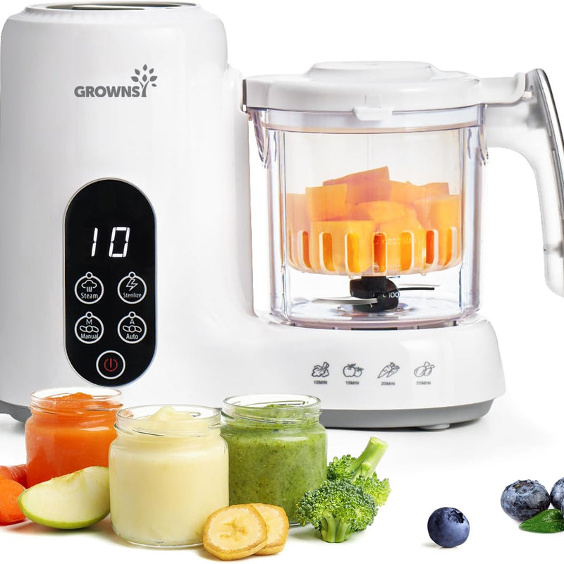 Grownsy Baby Food Maker, Steamer & Blender Baby Food Processor, White | BPA-Free Elevated Steam Basket, Healthy Homemade Baby Food Purees, Starting Solids & BLW, Baby Feeding Essentials, 6+ Months