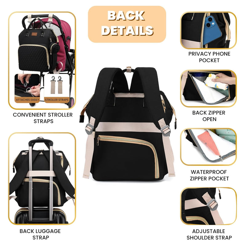 ROSEGIN Diaper Bag Backpack with Changing Pad Pacifier Case, Baby Bag for Boy Girl Toddler - Large,Stylish, Waterproof Travel Quilted Diaper Bag for Mom - Baby Shower Gifts, Black
