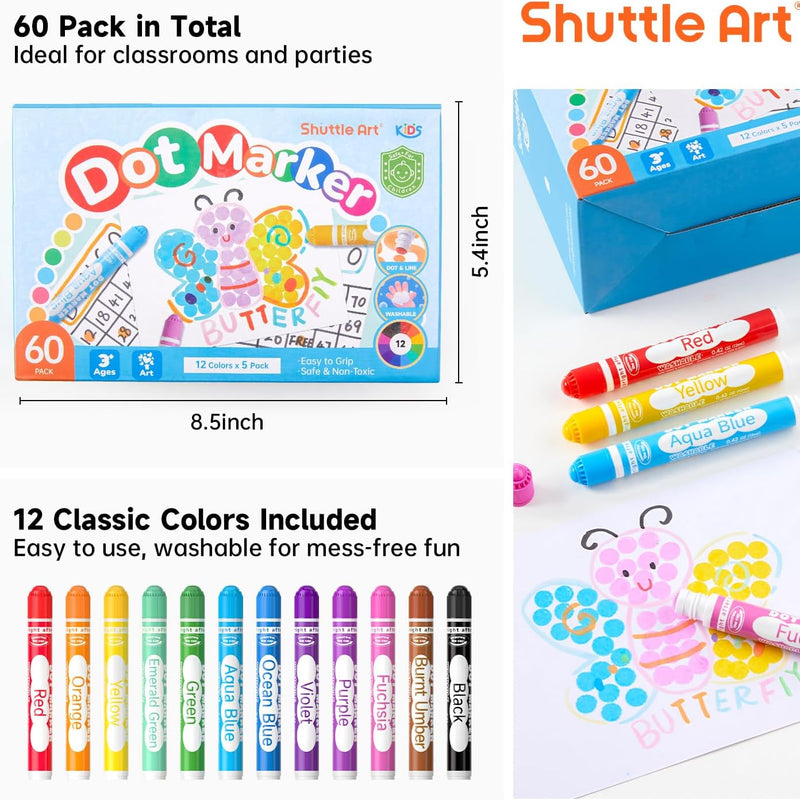Shuttle Art 60 Pack Dot Markers, 12 Colors x 5 Sets Washable Bingo Daubers, Fun Art Supplies for Kids and Preschoolers, Non Toxic Water-Based