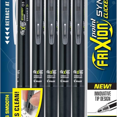 Pilot FriXion Synergy Clicker Erasable, Refillable, Retractable Gel Ink Pens, Extra Fine Point 0.5 mm, Pack of 5, Black Ink, FriXion Erasable Pens 0.5 - Ideal for School & Office Writing