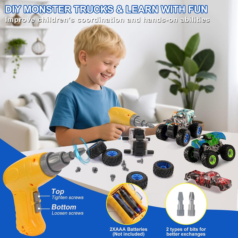 Take Apart Monster Truck Toys for Kids 3 4 5 6 7 8 Year Old Boys, STEM Educational Building Toys with Electric Drill & Storage Box Gift Birthday Christmas for Boys Girls Kids Toddlers