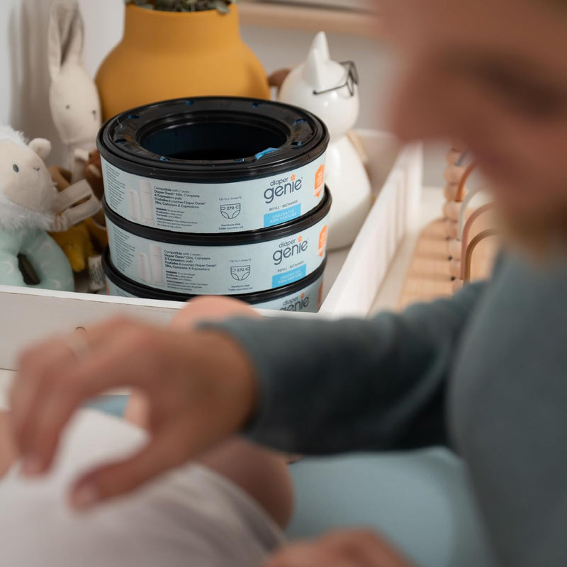 The Diaper Genie Unscented Round Refill 3-pack, with continuous film can hold up to 810 newborn-sized diapers per refill.