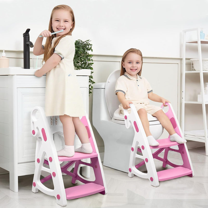 Potty Training Toilet, 2-in-1 Stable Potty Seat with Step Stool | Adjustable Seat and Step Height, Extra Wide Step, Anti-Slip Pad, Splash Guard, for Boys and Girls, Grey