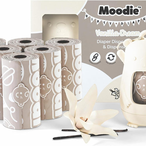 Moodie Disposable Diaper Bags Dispenser COMBO PACK | 105 VANILLA SCENTED Baby Poop Bags TOTAL | Dirty Diaper Trash Bags | Diaper Bags Disposable (VANILLA DREAM)