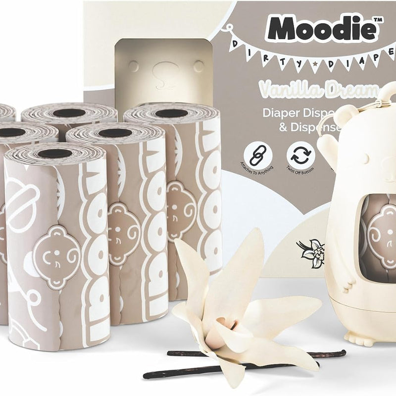 Moodie Disposable Diaper Bags Dispenser COMBO PACK | 105 VANILLA SCENTED Baby Poop Bags TOTAL | Dirty Diaper Trash Bags | Diaper Bags Disposable (VANILLA DREAM)