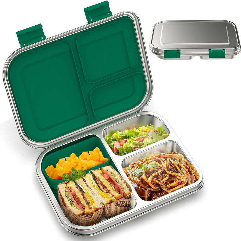 BOSEDSANG Stainless Steel Kids Leak-Resistant Bento Lunch Box, 3-Compartments with Silicone Container, Dishwasher-Safe, Child-Friendly Design for School, Picnics & Travel,BPA-Free(Pink)