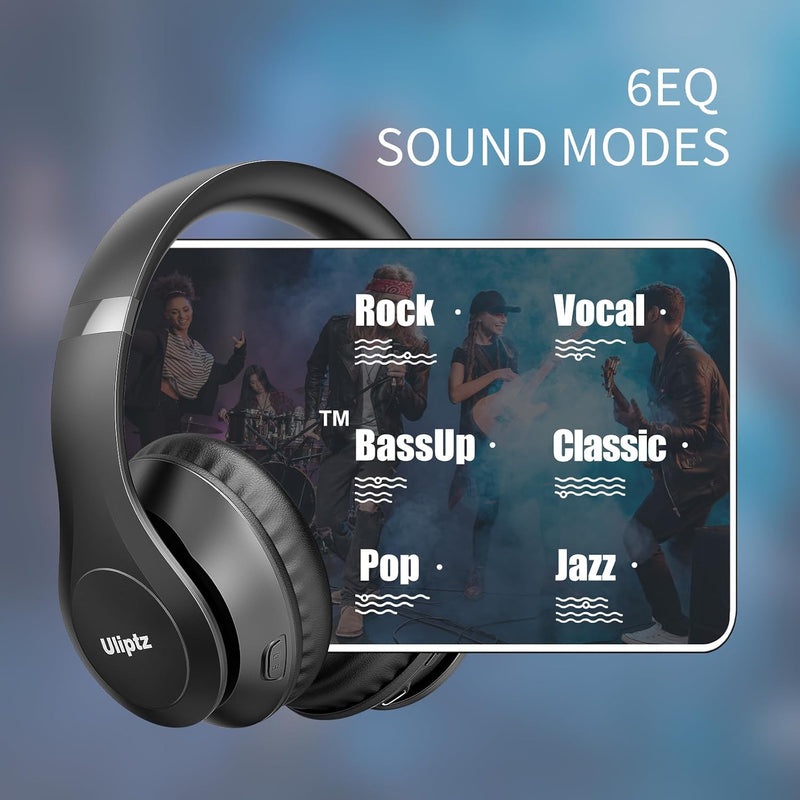 Uliptz Wireless Bluetooth Headphones, 65H Playtime, 6 EQ Sound Modes, HiFi Stereo Over Ear Headphones with Microphone, Foldable Lightweight Bluetooth 6.0 Headset for Travel/Office/Cellphone/PC