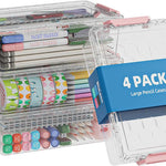 BiuLeon 4 Pack Extra Large Pencil Box, Plastic Pencil Case Organizer, Clear Crayon Box Marker Organizer, Stackable Craft Organizers and Storage for Pen, Craft, Art Supply(Grey)