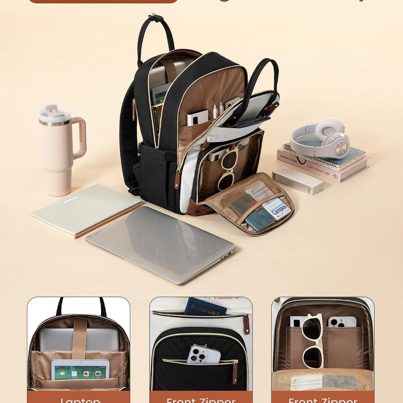 LOVEVOOK Laptop Backpack Women with Giant Tumbler Holder,15.6 inch Waterproof Work Travel Backpack Computer Laptop Bag,Cute College Nurse Teacher Backpack Purse,Gifts for Women & Men,Beige-Black-Brown