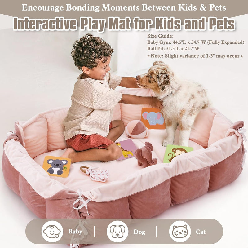 5-in-1 Plush Baby Play Gym, Baby Play Mats, Convertible Baby Gym, Tummy time mat, 6 Sensory Toys, Activity Center, Ball Pit, Pink