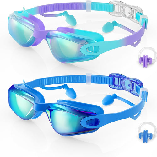 Aegend Kids Swim Goggles 2 Pack, Anti Fog&UV Swimming Goggles for Ages 3-15 | No Leak Comfortable Fit Pool Goggles with Silicone Seal, Ear Plugs and Nose Clip