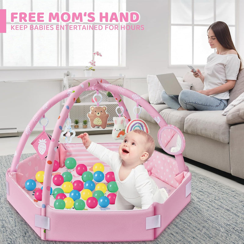 8-in-1 Baby Gym Play Mat with 6 Toys for Visual, Hearing, Sensory, Motor Development