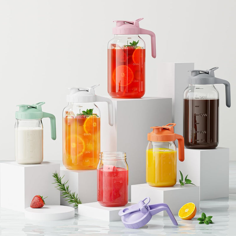 Breast Milk Pitcher, 32 oz Wide Mouth Glass Mason Jar | Dual Leak-Proof Lid, easy-pour spout, handle design for Breastmilk storage, iced tea and cold beverages