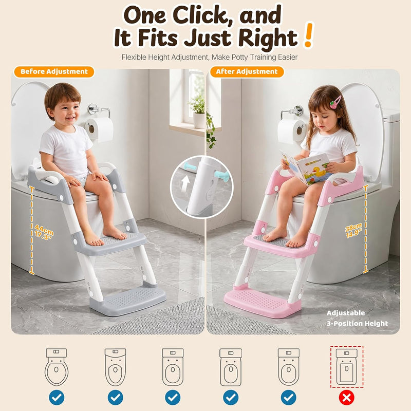 Orzbow Potty Training Seat with Step Stool, Adjustable Height, Anti-Slip | Safety Handles, Comfortable Seat Cushion, Splash Guard for Toddler Boys and Girls, Fits Most Toilets, Foldable Storage, Gray