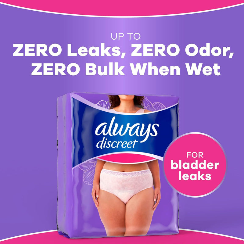 Always Discreet Adult Diapers for Women, Incontinence Underwear, Postpartum Essentials, Disposable Briefs, Max Absorbency, Bladder Leak Protection, Extra Large/XL, 15ct