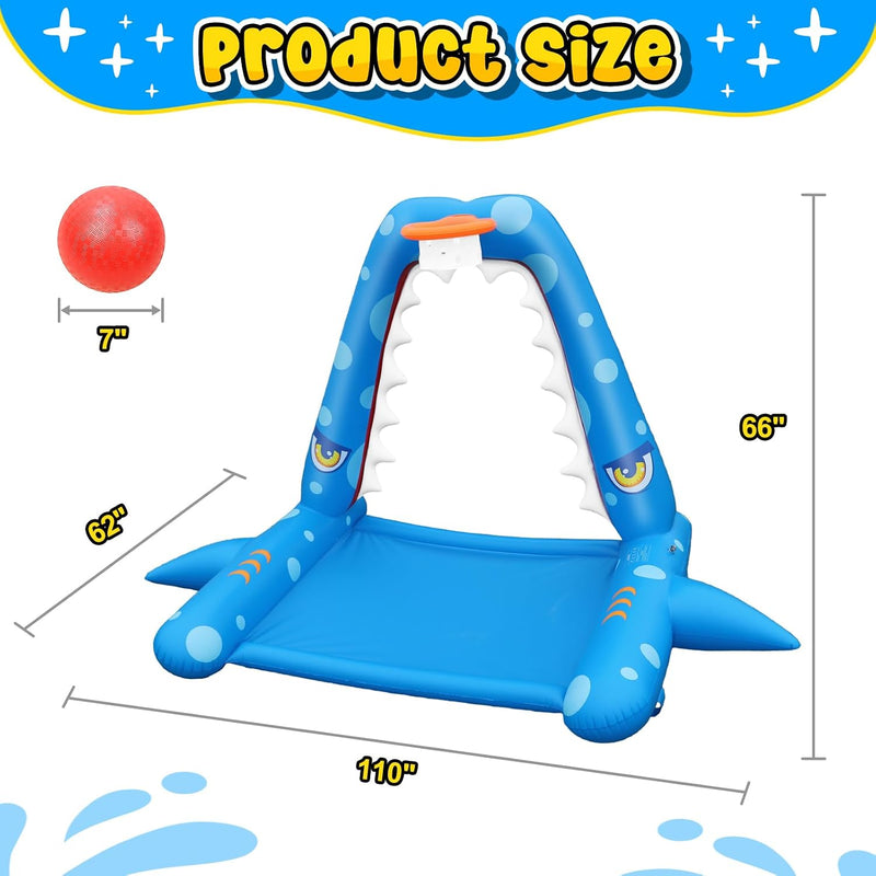 JOSEN Sprinkler for Kids Outdoor Play, Giant Inflatable Shark Water Toys Splash Pad with Basketball Hoop, Fun Sprinkler Summer Outdoor Game for 3-8 Years Old Children Boys Girls Birthday Gift