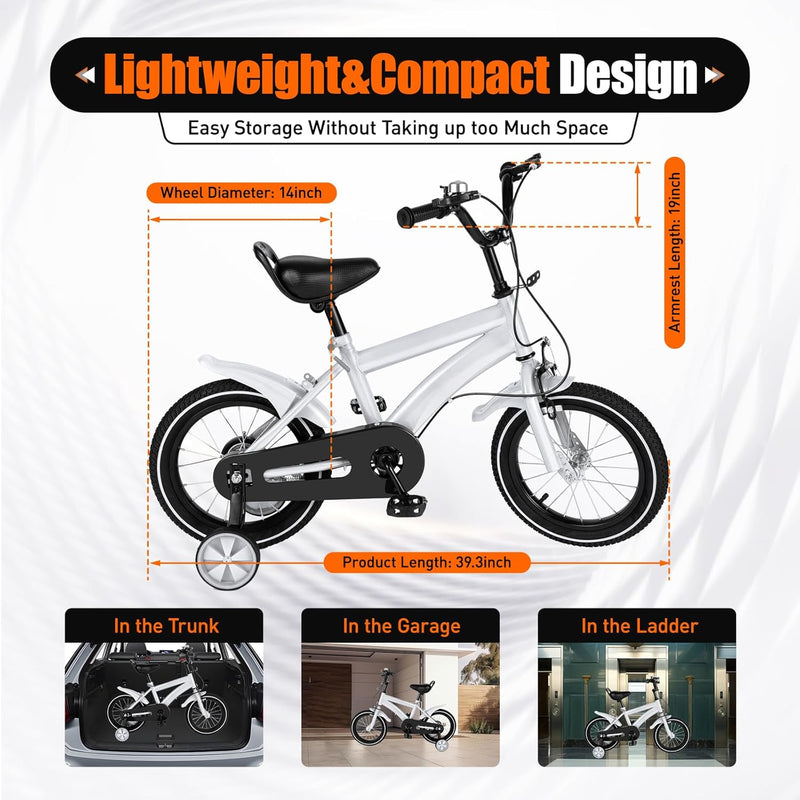 14 Inch Kids Bike with Training Wheels, Compact and Lightweight Design for Ages 2-12
